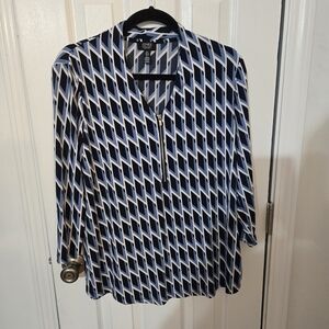 Jones New York Navy and White Diamond Pattern Blouse